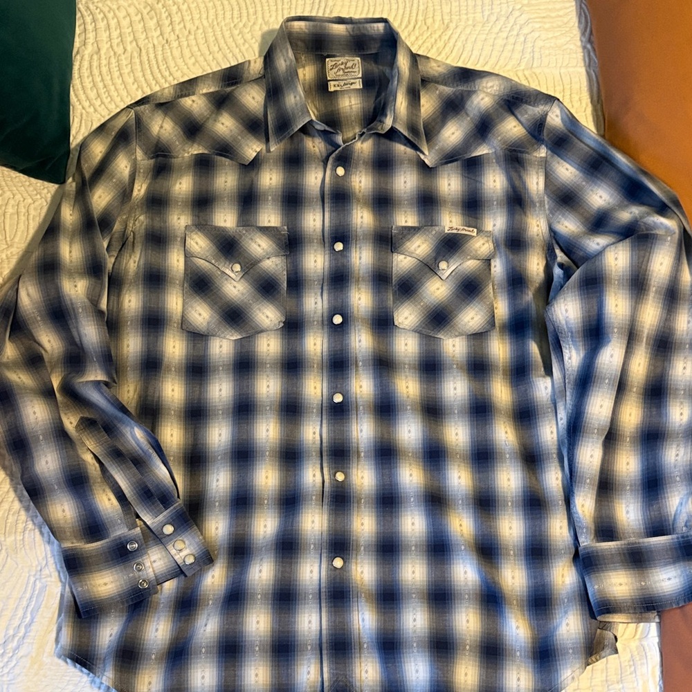 Lucky Brand Navy and Cream Plaid Shirt